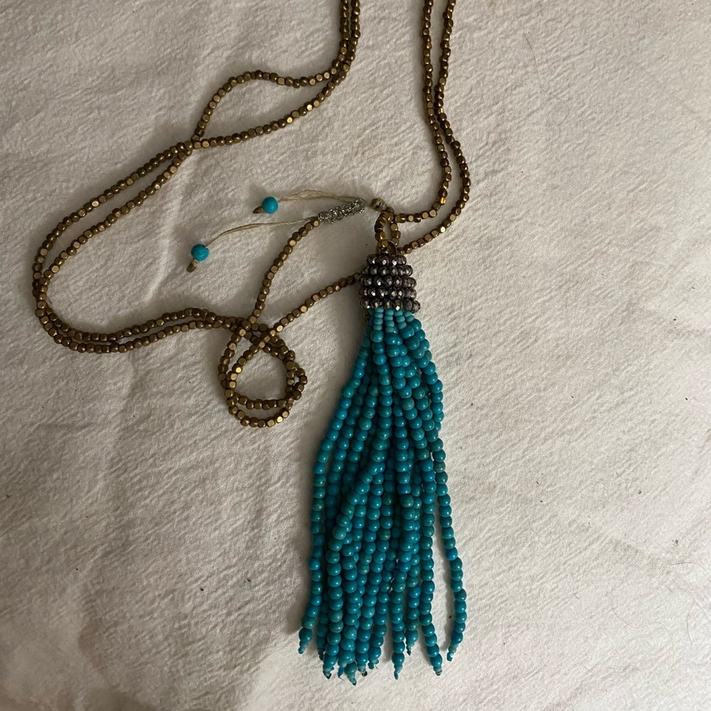 Long turquoise seed bead necklace